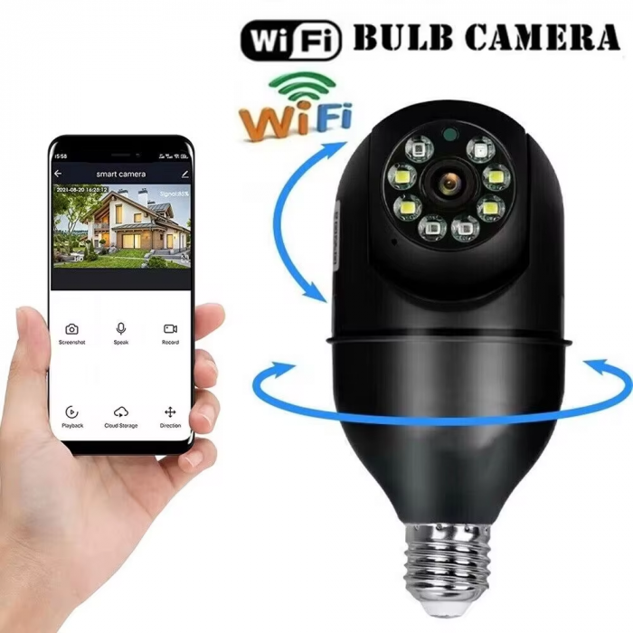 Camera de supraveghere Full HD 1080P 2.4G/5G WiFi PTZ E27, wireless, 4x zoom digital, rotatie 360°, senzor de miscare, aplicatie telefon, viziune nocturna, comunicare bidirectionala, neagra [3]