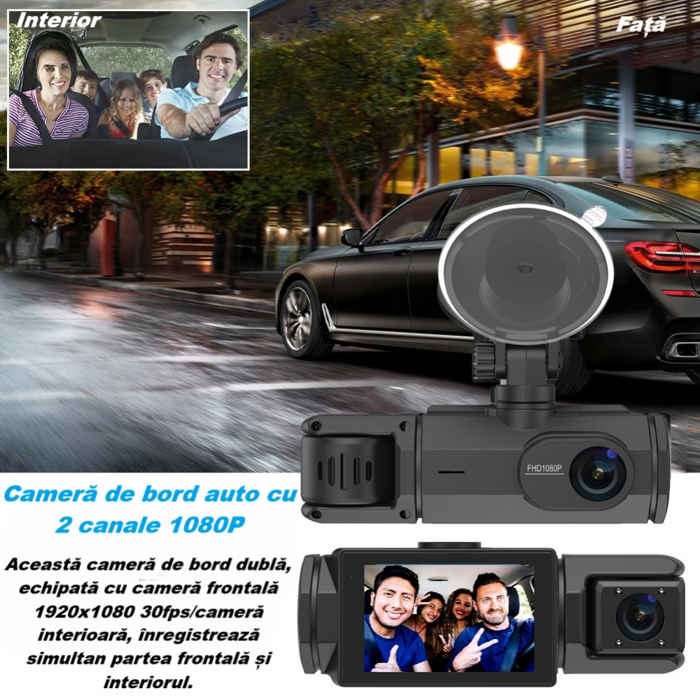 Camera video de bord auto S2 Full HD 1080P, WDR, 150°, 3 lentile, Wi-Fi, ecran IPS de 2 inch, filmare zi si noapte, inregistrare in bucla, Night Vision, detectare miscare, parcare asistata, neagra [10]
