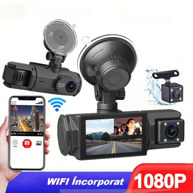 Camera video de bord auto S2 Full HD 1080P, WDR, 150°, 3 lentile, Wi-Fi, ecran IPS de 2 inch, filmare zi si noapte, inregistrare in bucla, Night Vision, detectare miscare, parcare asistata, neagra [4]