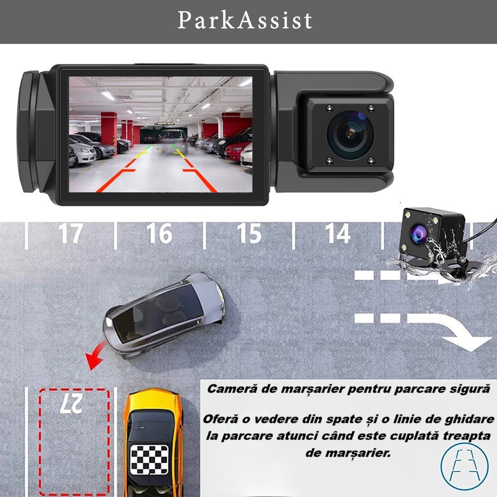 Camera video de bord auto S2 Full HD 1080P, WDR, 150°, 3 lentile, Wi-Fi, ecran IPS de 2 inch, filmare zi si noapte, inregistrare in bucla, Night Vision, detectare miscare, parcare asistata, neagra [13]