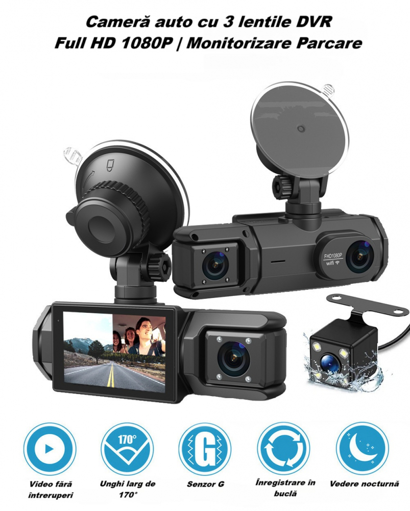 Camera video de bord auto S2 Full HD 1080P, WDR, 150°, 3 lentile, Wi-Fi, ecran IPS de 2 inch, filmare zi si noapte, inregistrare in bucla, Night Vision, detectare miscare, parcare asistata, neagra [5]