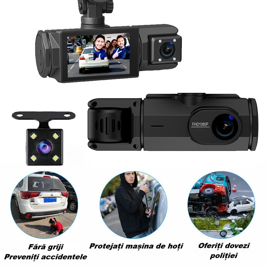 Camera video de bord auto S2 Full HD 1080P, WDR, 150°, 3 lentile, Wi-Fi, ecran IPS de 2 inch, filmare zi si noapte, inregistrare in bucla, Night Vision, detectare miscare, parcare asistata, neagra [11]