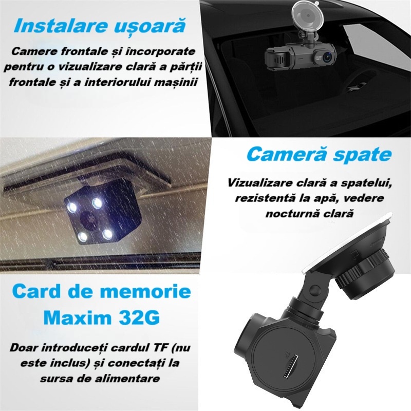 Camera video de bord auto S2 Full HD 1080P, WDR, 150°, 3 lentile, Wi-Fi, ecran IPS de 2 inch, filmare zi si noapte, inregistrare in bucla, Night Vision, detectare miscare, parcare asistata, neagra [9]