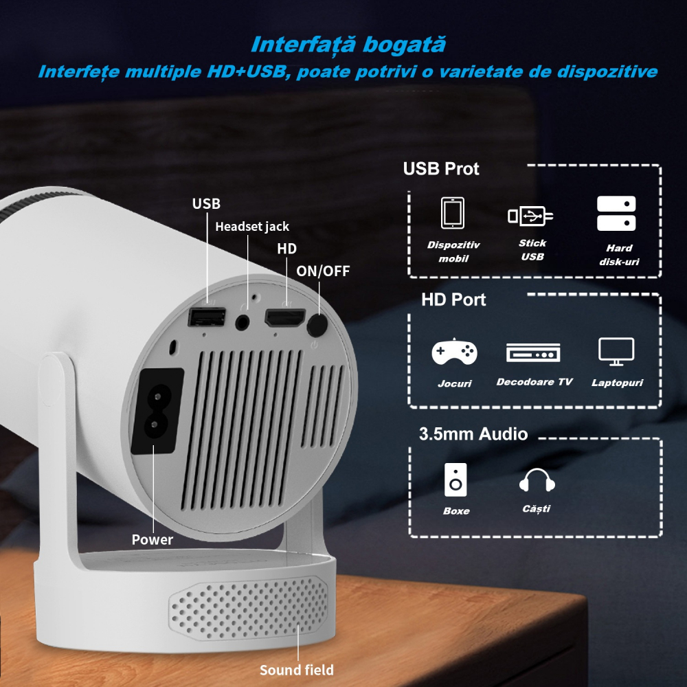 Videoproiector portabil HY300 PRO HD, Smart, 280 ANSI lumeni, Android 11, Wi-Fi 6, Bluetooth 5.0, rezolutie 1280 × 720p HD, suport 4K, conexiuni HDMI si USB, alb [14]