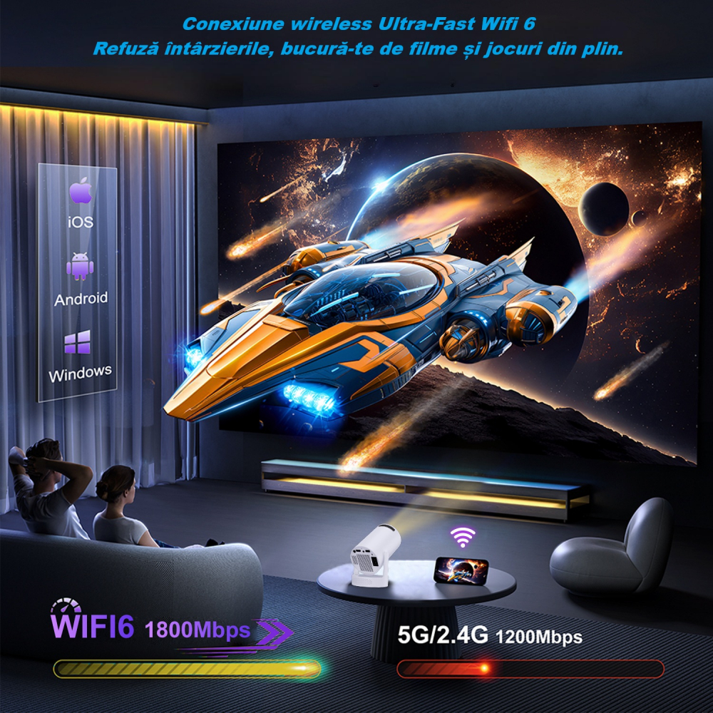 Videoproiector portabil HY300 PRO HD, Smart, 280 ANSI lumeni, Android 11, Wi-Fi 6, Bluetooth 5.0, rezolutie 1280 × 720p HD, suport 4K, conexiuni HDMI si USB, alb [9]