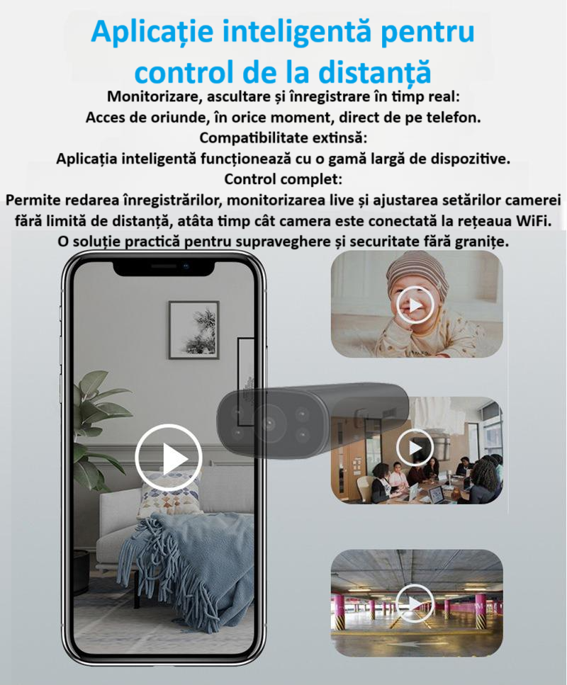 Camera wireless de supraveghere HD mini smart, 1080P, interior/exterior, viziune nocturna IR, detectare miscare, unghi larg, conexiune mobila, hotspot video integrat, consum de energie redus, neagra [10]