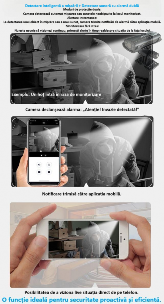 Camera wireless de supraveghere HD mini smart, 1080P, interior/exterior, viziune nocturna IR, detectare miscare, unghi larg, conexiune mobila, hotspot video integrat, consum de energie redus, neagra [11]
