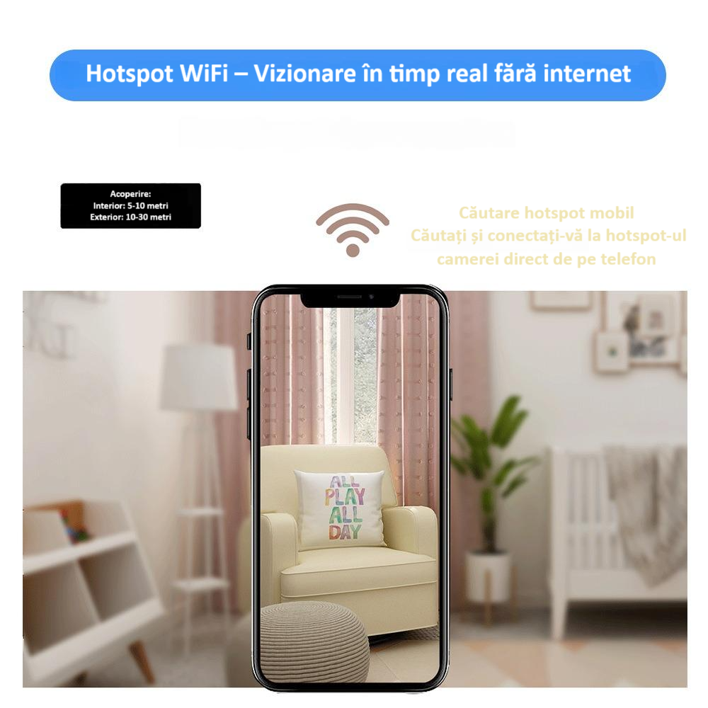 Camera wireless de supraveghere HD mini smart, 1080P, interior/exterior, viziune nocturna IR, detectare miscare, unghi larg, conexiune mobila, hotspot video integrat, consum de energie redus, alba [19]