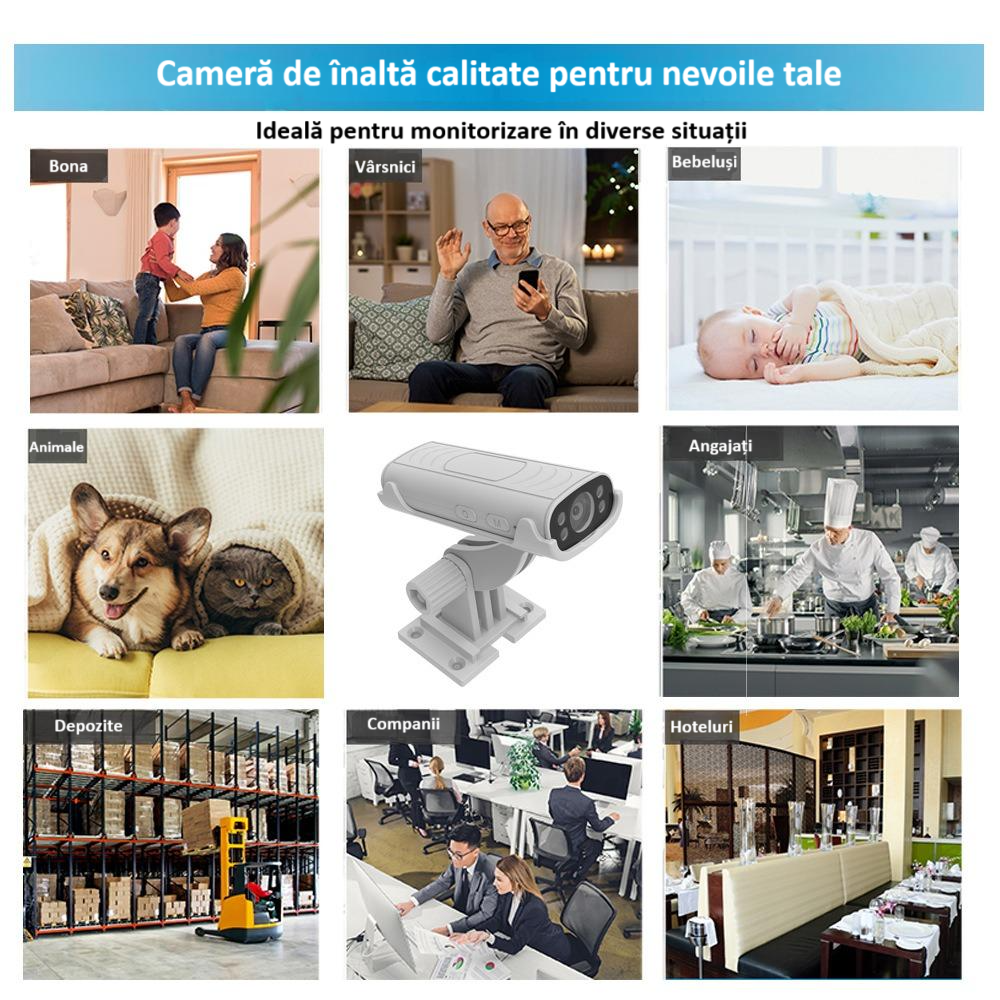 Camera wireless de supraveghere HD mini smart, 1080P, interior/exterior, viziune nocturna IR, detectare miscare, unghi larg, conexiune mobila, hotspot video integrat, consum de energie redus, alba [16]