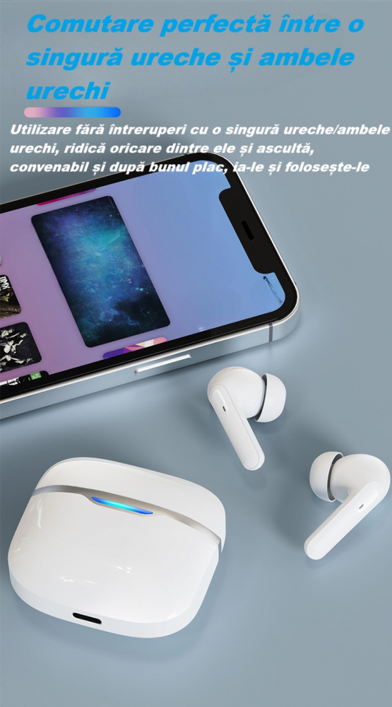 Casti wireless Bluetooth B26, audio, in ear, fara fir, casti Bluetooth 5.3, autonomie 24h, control tactil/smart touch, rezistente la apa IPX4, compatibilitate universala, iOS, Android, albe [12]