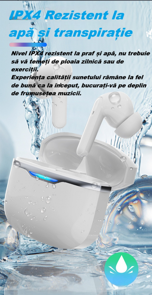 Casti wireless Bluetooth B26, audio, in ear, fara fir, casti Bluetooth 5.3, autonomie 24h, control tactil/smart touch, rezistente la apa IPX4, compatibilitate universala, iOS, Android, albe [11]