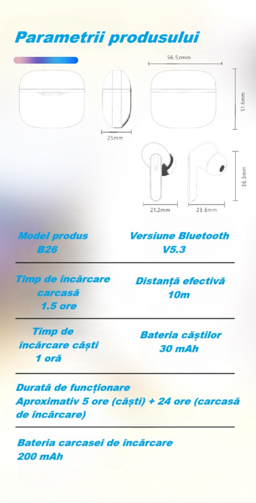 Casti wireless Bluetooth B26, audio, in ear, fara fir, casti Bluetooth 5.3, autonomie 24h, control tactil/smart touch, rezistente la apa IPX4, compatibilitate universala, iOS, Android, albe [14]