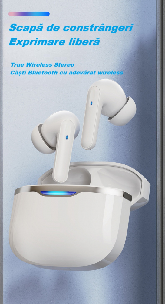 Casti wireless Bluetooth B26, audio, in ear, fara fir, casti Bluetooth 5.3, autonomie 24h, control tactil/smart touch, rezistente la apa IPX4, compatibilitate universala, iOS, Android, albe [5]