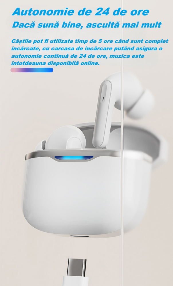 Casti wireless Bluetooth B26, audio, in ear, fara fir, casti Bluetooth 5.3, autonomie 24h, control tactil/smart touch, rezistente la apa IPX4, compatibilitate universala, iOS, Android, albe [8]