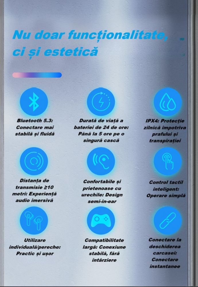 Casti wireless Bluetooth B26, audio, in ear, fara fir, casti Bluetooth 5.3, autonomie 24h, control tactil/smart touch, rezistente la apa IPX4, compatibilitate universala, iOS, Android, albe [6]