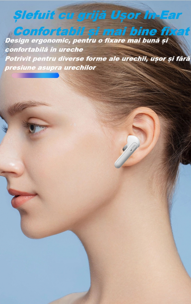 Casti wireless Bluetooth B26, audio, in ear, fara fir, casti Bluetooth 5.3, autonomie 24h, control tactil/smart touch, rezistente la apa IPX4, compatibilitate universala, iOS, Android, albe [9]