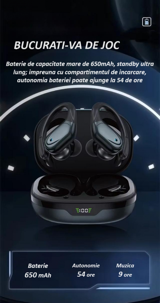 Casti wireless earbuds Bluetooth cu reducere activa hibrida a zgomotului, TWS, in ear, audio, microfon, afisaj digital, Bluetooth 5.3, latenta mica de 40 ms, rezistente la apa, negre [11]