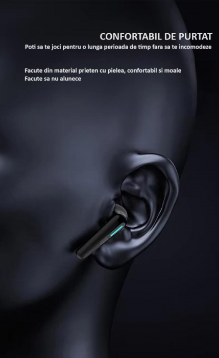 Casti wireless earbuds Bluetooth cu anulare activa a zgomotului, TWS, in-ear, control vocal, Bluetooth, sunet Hi-Fi, latenta de 40 ms, rezistente la apa, design ergonomic si confortabil, negre [15]