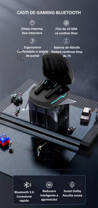 Casti wireless earbuds Bluetooth cu anulare activa a zgomotului, TWS, in-ear, control vocal, Bluetooth, sunet Hi-Fi, latenta de 40 ms, rezistente la apa, design ergonomic si confortabil, negre [6]