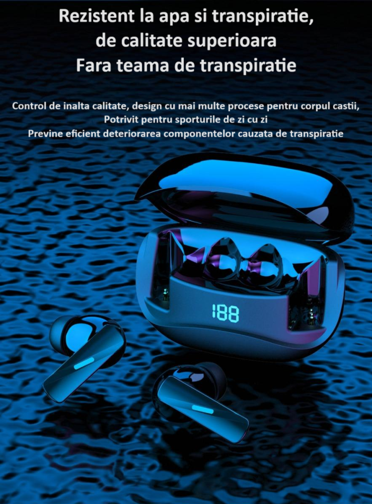 Casti wireless ZYTEQ® Bluetooth 5.3, ANC, TWS in-ear, afisaj digital, microfon, control touch, rezistente la apa, compatibile universal, negre [10]