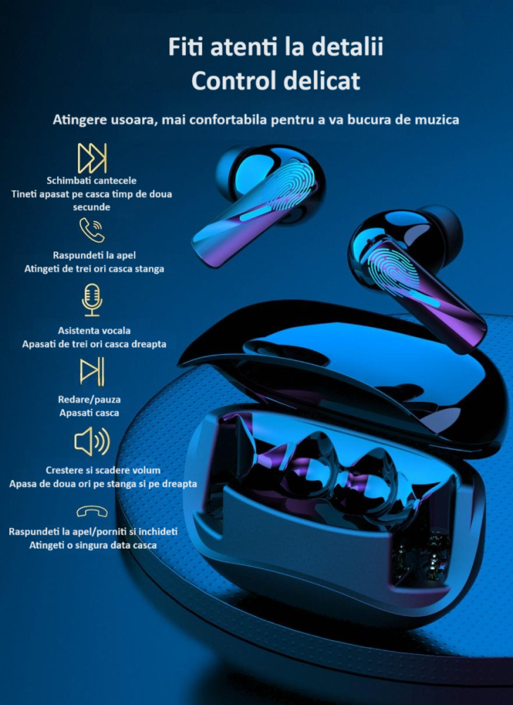 Casti Wireless ZYTEQ® Bluetooth 5.3, ANC, TWS In-Ear, Afisaj Digital, Microfon, Control Touch, Rezistente la Apa, Compatibile Universal, Albe [9]