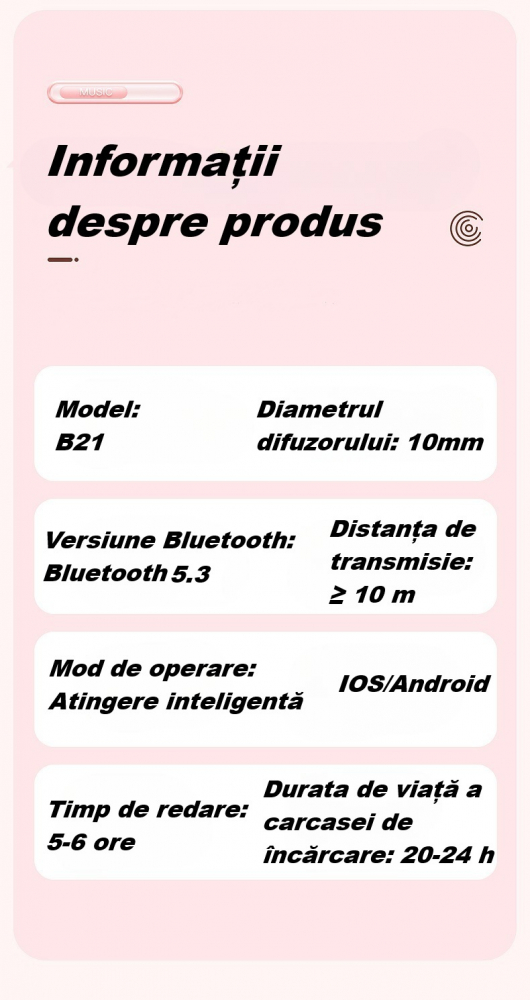 Casti wireless Bluetooth B21, audio, in ear, fara fir, casti Bluetooth 5.3, autonomie 24h, control tactil/smart touch, rezistente la apa IPX4, compatibilitate universala, iOS, Android, albe [14]