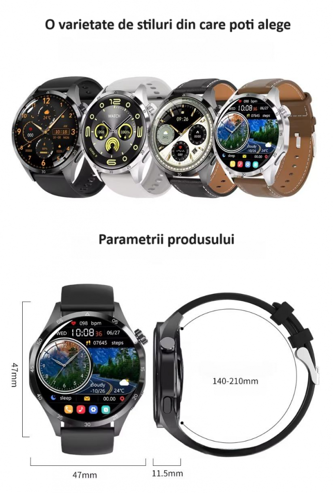 Ceas Smartwatch GT4 PRO+, Sport, Apel bluetooth, Rezistent la apa, Ecran 1.53", Monitorizare activitati fizice, somn, ritm cardiac, pedometru, Incarcare Wireless, Unisex, Android, IOS, argintiu [19]
