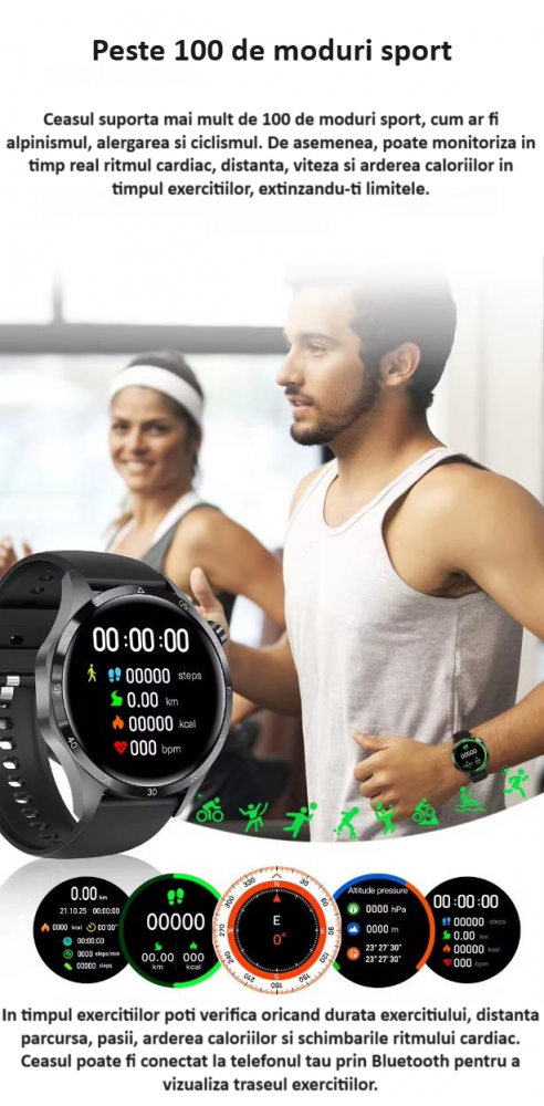 Ceas Smartwatch GT4 PRO+, Sport, Apel bluetooth, Rezistent la apa, Ecran 1.53", Monitorizare activitati fizice, somn, ritm cardiac, pedometru, Incarcare Wireless, Unisex, Android, IOS, argintiu [8]