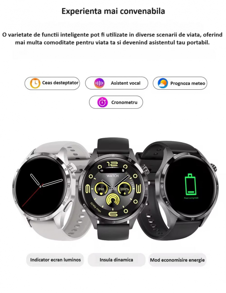Ceas Smartwatch GT4 PRO+, Sport, Apel bluetooth, Rezistent la apa, Ecran 1.53", Monitorizare activitati fizice, somn, ritm cardiac, pedometru, Incarcare Wireless, Unisex, Android, IOS, argintiu [18]