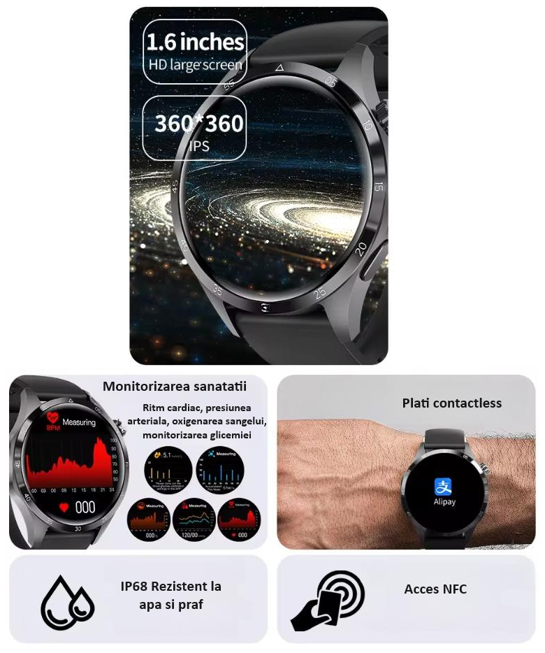 Ceas Smartwatch GT4 PRO+, Sport, Apel bluetooth, Rezistent la apa, Ecran 1.53", Monitorizare activitati fizice, somn, ritm cardiac, pedometru, Incarcare Wireless, Unisex, Android, IOS, negru [3]