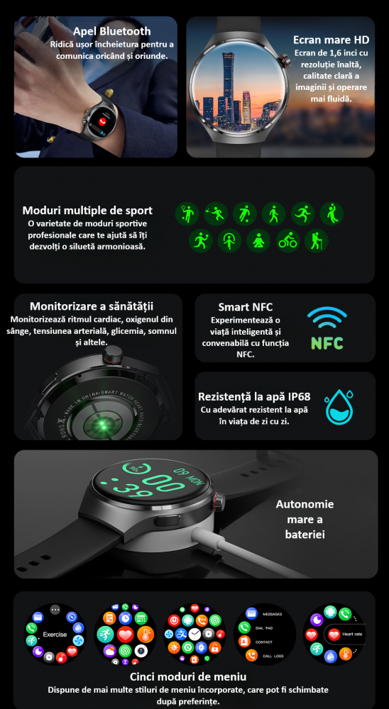 Smartwatch, ecran 1.6", rezistent la apa, notificari apel bluetooth/sms/social media, monitorizare activitati fizice, somn, ritm cardiac, pedometru, incarcare wireless, unisex, Android, IOS, argintiu [3]