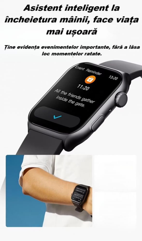 Ceas Smartwatch  GTS7 PRO, Sport, Bluetooth, Rezistent la Apa, Ecran 2.0", Monitorizare Activitati Fizice, Somn, Ritm Cardiac, Pedometru, Incarcare Magnetica, Moduri Sport, Android & iOS, Negru [18]