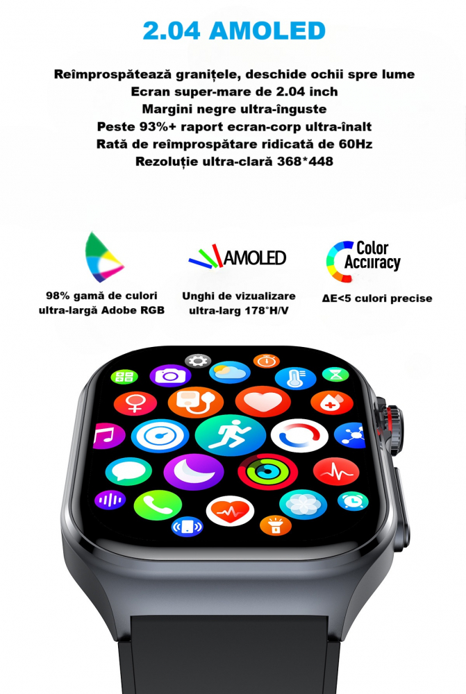 Ceas Smartwatch ET585,ECRAN 2.04", ECG, HRV, glucometru, analiza bioelectrica, monitorizare tensiune, oxigen sange, ritm cardiac, temperatura corp, somn, activitati fizice, apel SOS, pedometru, negru [6]