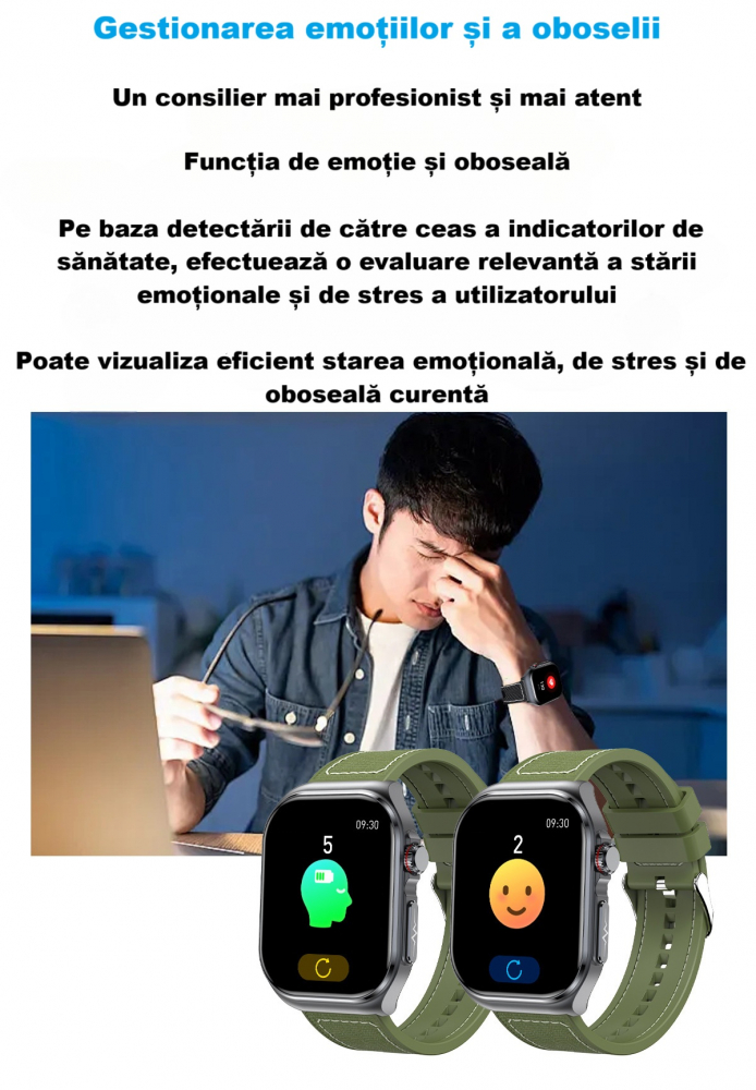 Ceas Smartwatch ET585,ECRAN 2.04", ECG, HRV, glucometru, analiza bioelectrica, monitorizare tensiune, oxigen sange, ritm cardiac, temperatura corp, somn, activitati fizice, apel SOS, pedometru, negru [10]