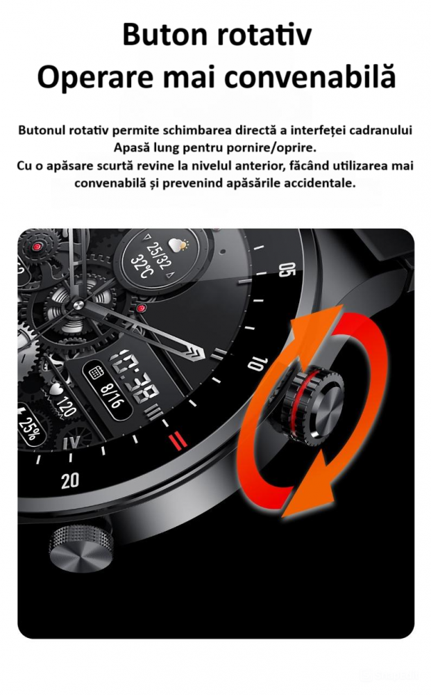 Ceas smartwatch, NFC, apel Bluetooth, ecran 1.28", control tactil, monitorizarea sanatatii, activitatilor fizice, somnului, ritmului cardiac, pedometru, incarcare magnetica, Android, iOS, negru [8]