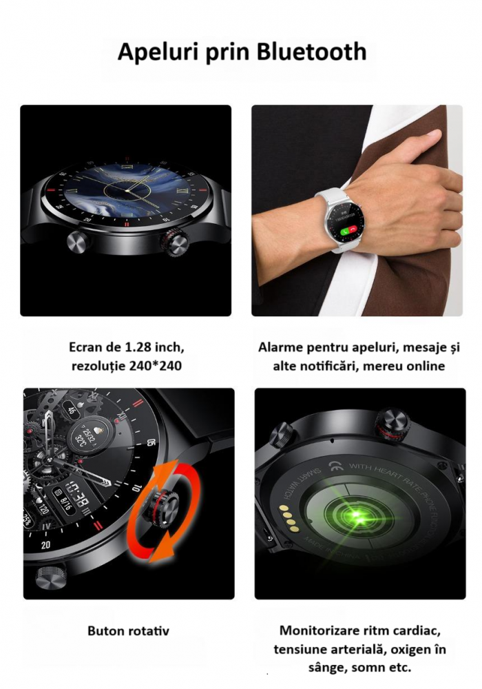 Ceas smartwatch, NFC, apel Bluetooth, ecran 1.28", control tactil, monitorizarea sanatatii, activitatilor fizice, somnului, ritmului cardiac, pedometru, incarcare magnetica, Android, iOS, negru [5]