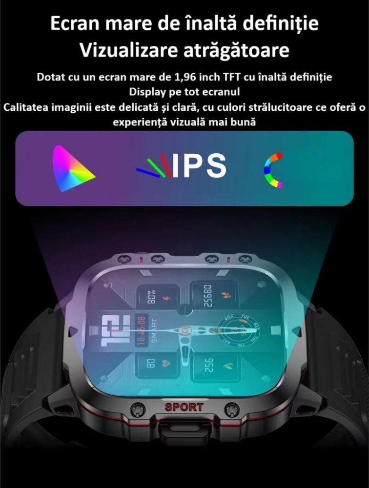 Ceas smartwatch sport, Bluetooth, rezistent la apa, ecran 1.96", cronograf, busola, calendar, monitorizare activitati fizice, somn, ritm cardiac, pedometru, incarcare magnetica, Android, iOS, negru [10]
