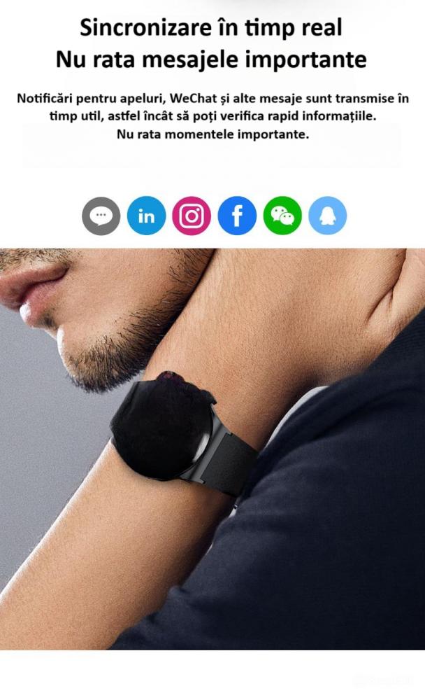 Ceas smartwatch, NFC, apel Bluetooth, ecran 1.28", control tactil, monitorizarea sanatatii, activitatilor fizice, somnului, ritmului cardiac, pedometru, incarcare magnetica, Android, iOS, negru [11]