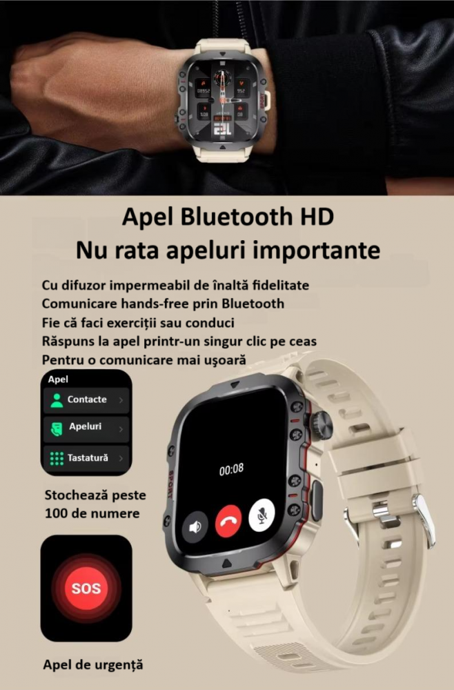 Ceas smartwatch sport, Bluetooth, rezistent la apa, ecran 1.96", cronograf, busola, calendar, monitorizare activitati fizice, somn, ritm cardiac, pedometru, incarcare magnetica, Android, iOS, negru [11]