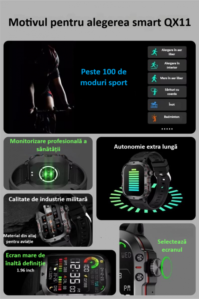 Ceas smartwatch sport, Bluetooth, rezistent la apa, ecran 1.96", cronograf, busola, calendar, monitorizare activitati fizice, somn, ritm cardiac, pedometru, incarcare magnetica, Android, iOS, negru [8]