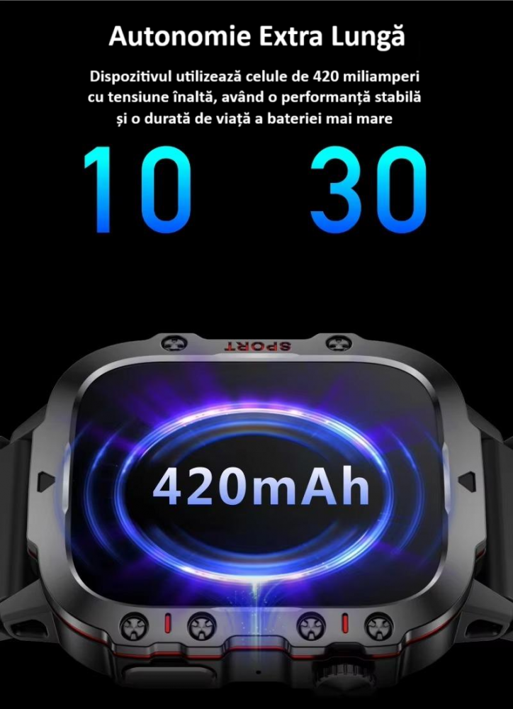 Ceas smartwatch sport, Bluetooth, rezistent la apa, ecran 1.96", cronograf, busola, calendar, monitorizare activitati fizice, somn, ritm cardiac, pedometru, incarcare magnetica, Android, iOS, negru [21]