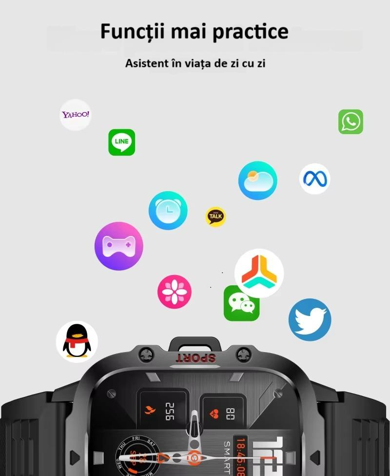 Ceas smartwatch sport, Bluetooth, rezistent la apa, ecran 1.96", cronograf, busola, calendar, monitorizare activitati fizice, somn, ritm cardiac, pedometru, incarcare magnetica, Android, iOS, negru [22]