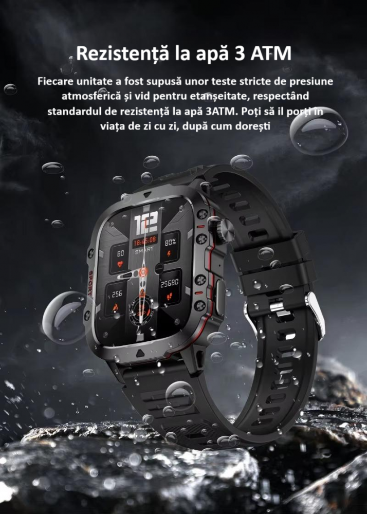 Ceas smartwatch sport, Bluetooth, rezistent la apa, ecran 1.96", cronograf, busola, calendar, monitorizare activitati fizice, somn, ritm cardiac, pedometru, incarcare magnetica, Android, iOS, negru [20]