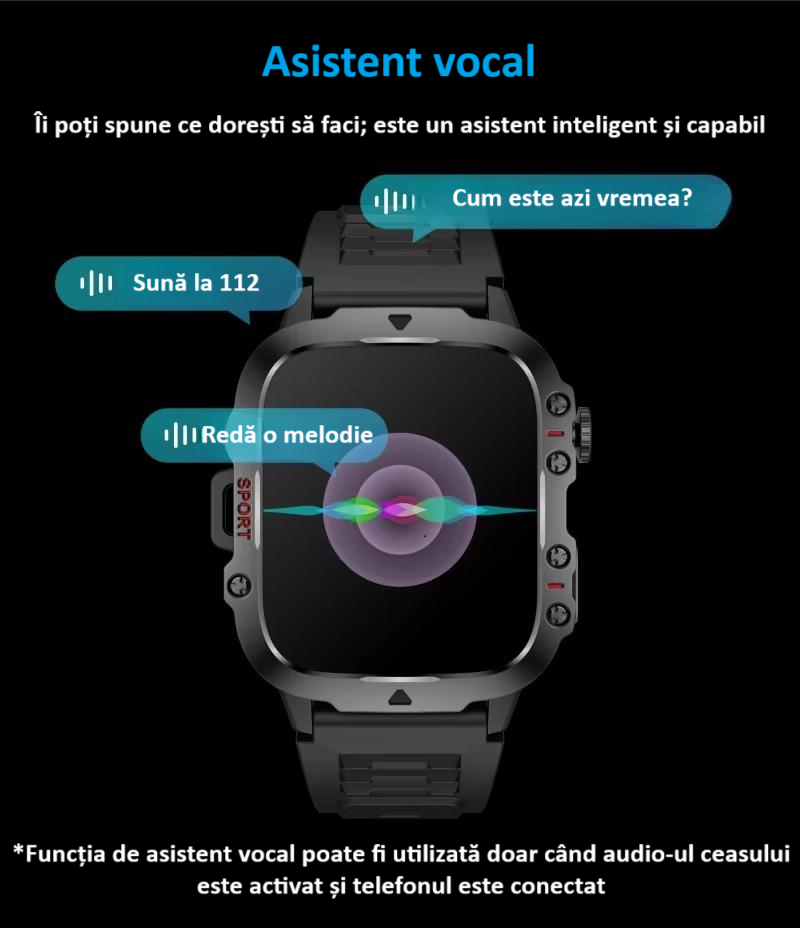 Ceas smartwatch sport, Bluetooth, rezistent la apa, ecran 1.96", cronograf, busola, calendar, monitorizare activitati fizice, somn, ritm cardiac, pedometru, incarcare magnetica, Android, iOS, negru [18]