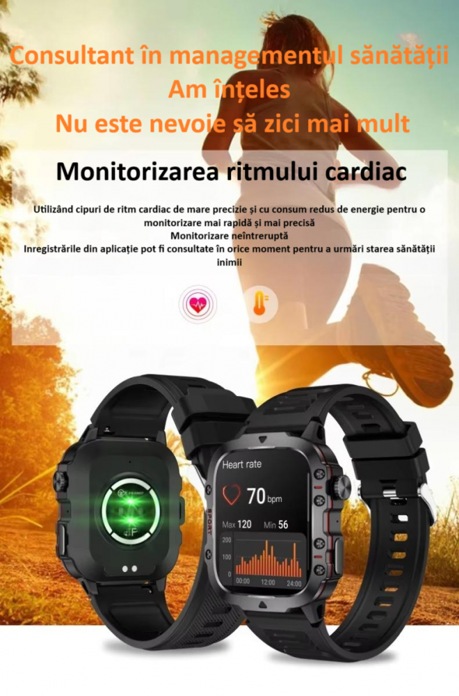 Ceas smartwatch sport, Bluetooth, rezistent la apa, ecran 1.96", cronograf, busola, calendar, monitorizare activitati fizice, somn, ritm cardiac, pedometru, incarcare magnetica, Android, iOS, negru [14]