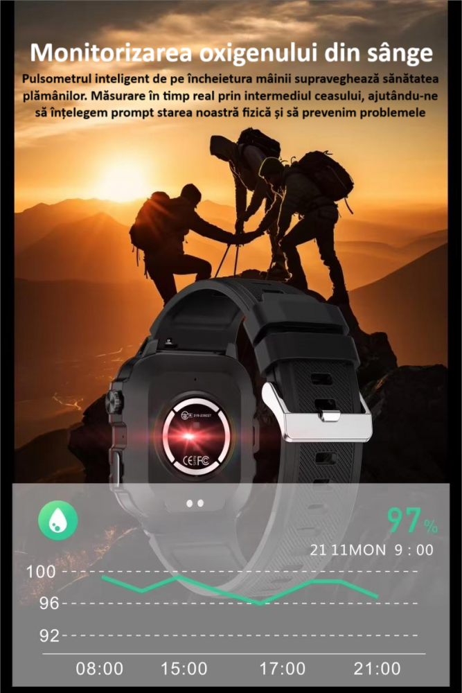 Ceas smartwatch sport, Bluetooth, rezistent la apa, ecran 1.96", cronograf, busola, calendar, monitorizare activitati fizice, somn, ritm cardiac, pedometru, incarcare magnetica, Android, iOS, negru [15]