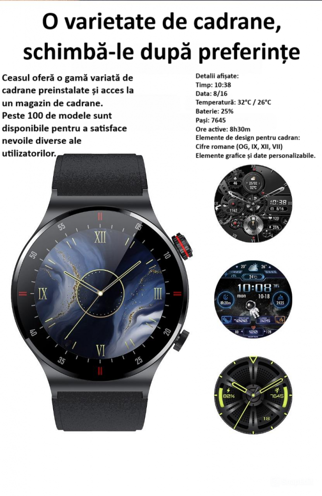 Ceas smartwatch, NFC, apel Bluetooth, ecran 1.28", control tactil, monitorizarea sanatatii, activitatilor fizice, somnului, ritmului cardiac, pedometru, incarcare magnetica, Android, iOS, negru [12]