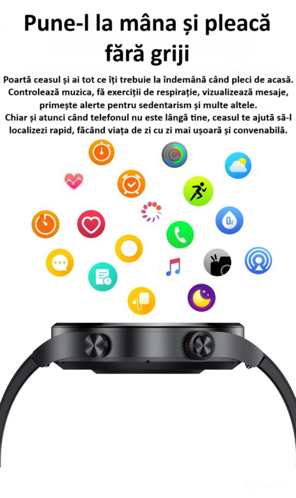Ceas smartwatch, NFC, apel Bluetooth, ecran 1.28", control tactil, monitorizarea sanatatii, activitatilor fizice, somnului, ritmului cardiac, pedometru, incarcare magnetica, Android, iOS, negru [23]