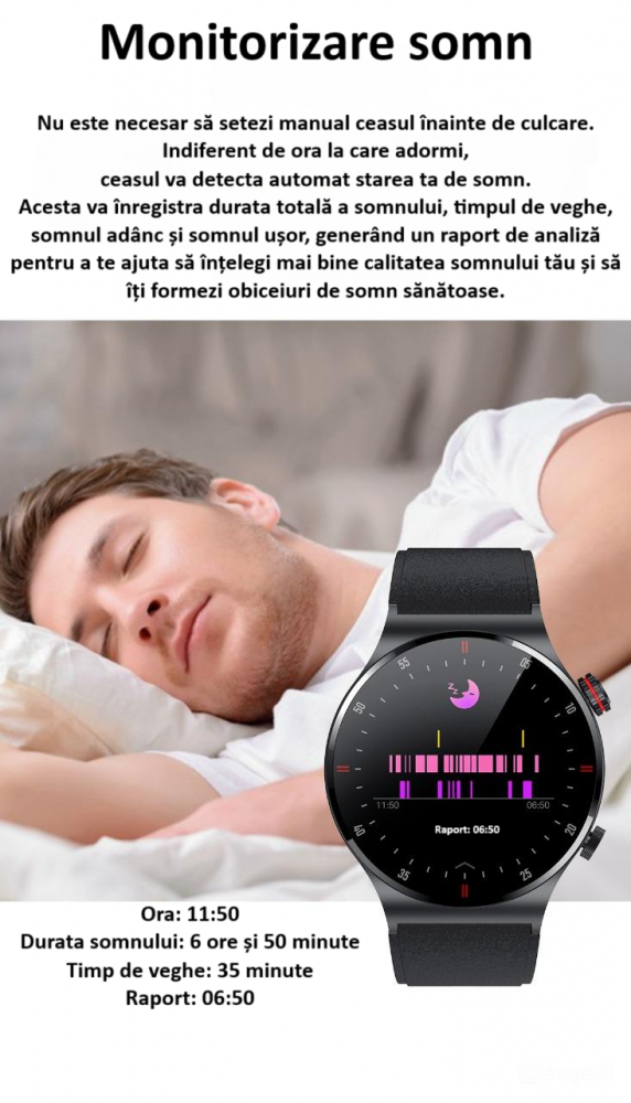 Ceas smartwatch, NFC, apel Bluetooth, ecran 1.28", control tactil, monitorizarea sanatatii, activitatilor fizice, somnului, ritmului cardiac, pedometru, incarcare magnetica, Android, iOS, negru [19]