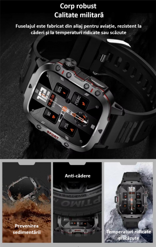 Ceas smartwatch sport, Bluetooth, rezistent la apa, ecran 1.96", cronograf, busola, calendar, monitorizare activitati fizice, somn, ritm cardiac, pedometru, incarcare magnetica, Android, iOS, negru [9]